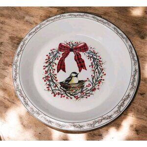 Creative Co-op Lori Siebert 12in Christmas Stoneware Pie Dish Birds Berries NEW